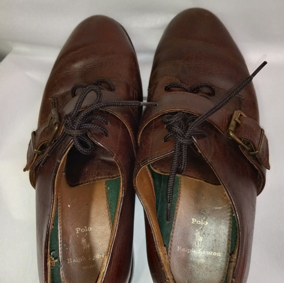Vintage Polo Ralph Lauren Leather Oxfords Dress Shoes Brown Lace Buckle Size 11D
